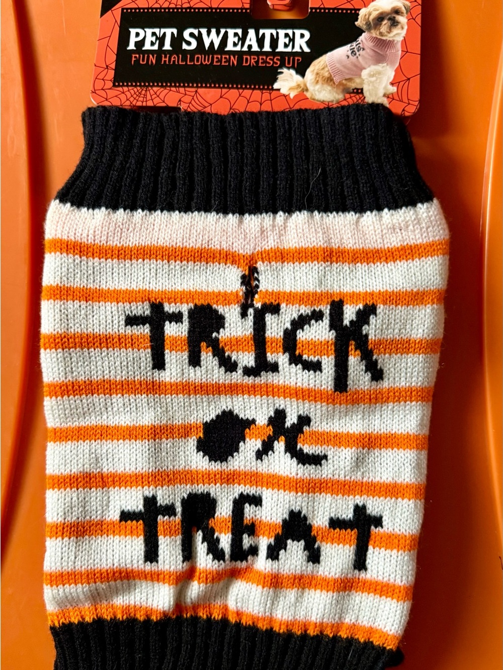 Halloween 'Trick or Treat' Striped Dog Sweater - Orange, White & Black S-M-L